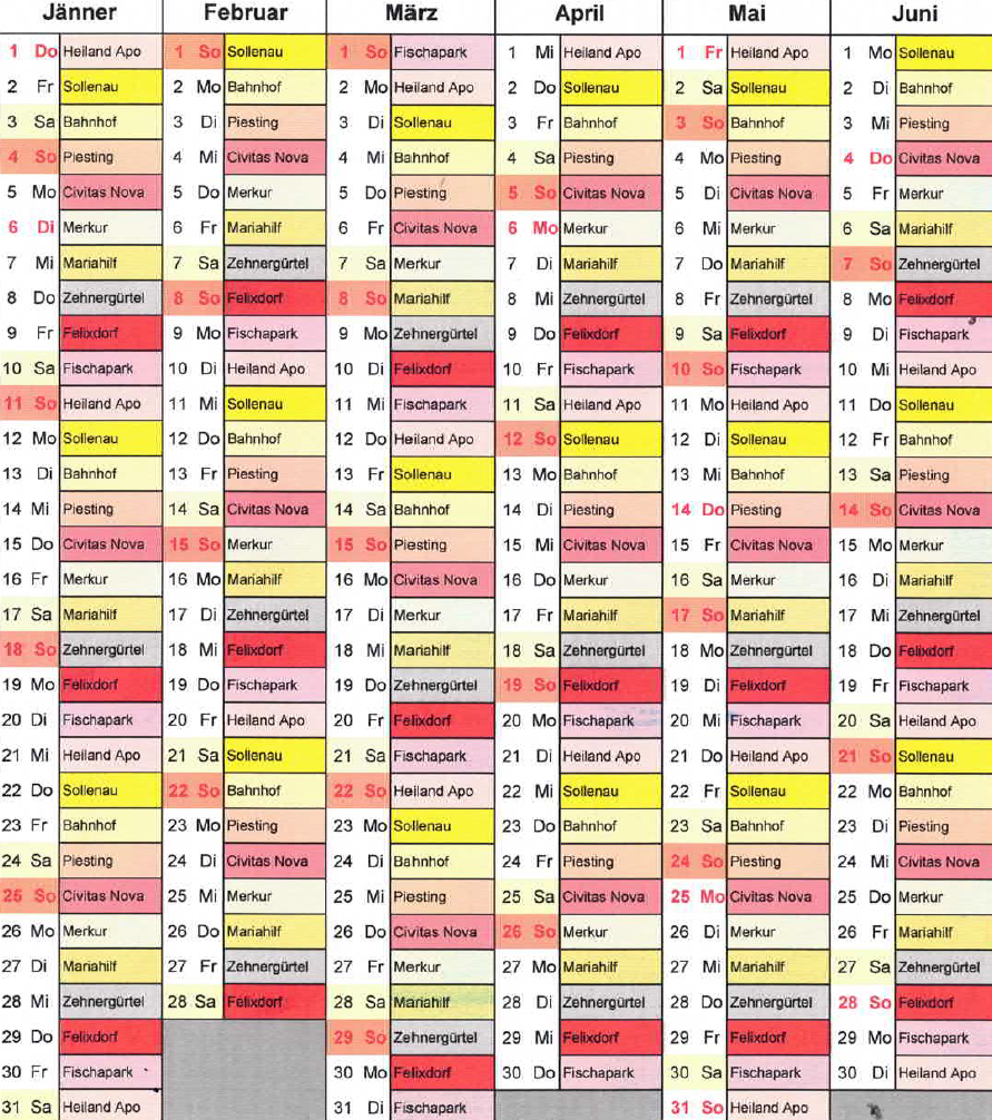 Apotheke Nachtdienstkalender Jänner bis Juni 2026